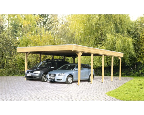 Carport pour deux véhicules Skanholz Friesland 557x708 cm, toit aluminium, imprégné par immersion