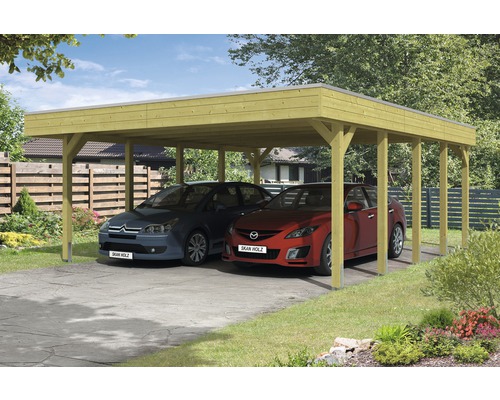 Doppelcarport aus Holz mit zwei geparkten Autos