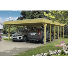 Double abri de voiture en bois avec deux voitures garées