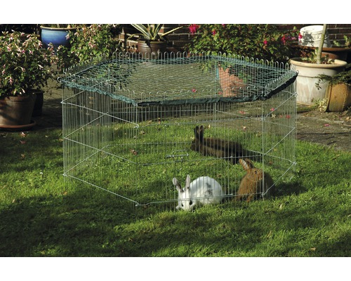 Parc d''éveil avec filet de protection et plusieurs lapins dans le jardin