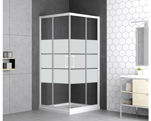 Eckdusche mit Milchglaselementen in einem Badezimmer