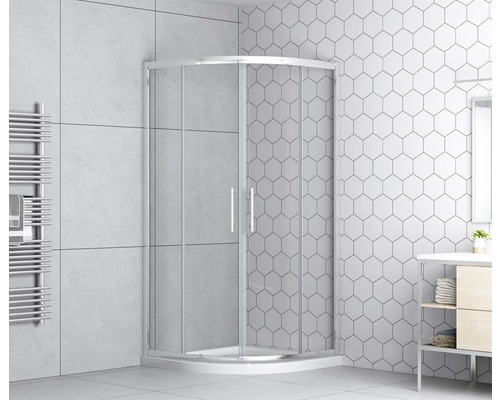 Badezimmer mit Eckeinstiegsdusche, Waschbecken und Handtuchwärmer