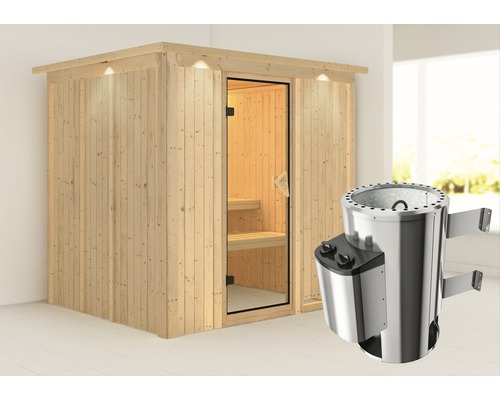 Sauna Plug & Play Karibu Achat VIII avec poêle 3,6 kW et commande intégrée, avec couronne et porte entièrement vitrée coloris bronze