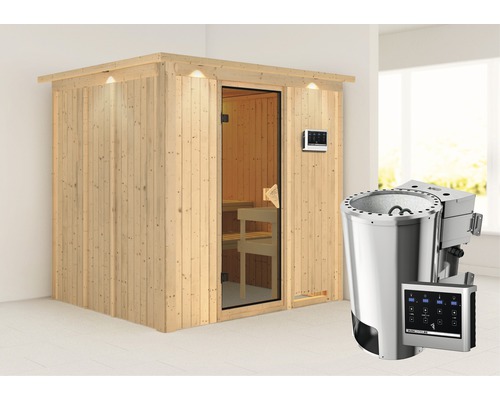 Sauna Plug & Play Karibu Achat VIII avec poêle bio 3,6 kW et commande ext., avec couronne et porte entièrement vitrée coloris bronze