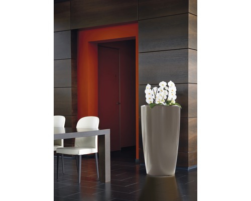 Intérieur avec table à manger, chaises et grand bac à plantes avec fleurs