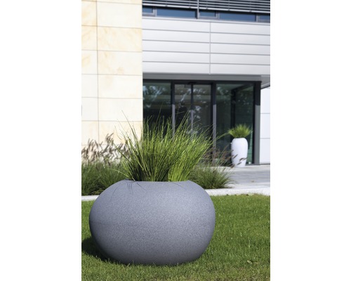 Pot de fleurs rond avec plantation à l''extérieur.