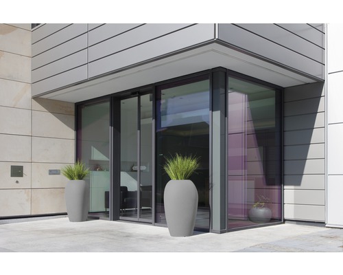 Entrée d''un bâtiment avec des jardinières et une porte automatique