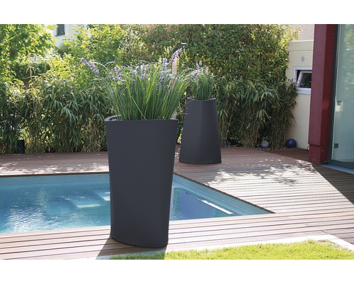 Deux bacs à plantes en plastique avec plantations dans le jardin à côté d''une piscine