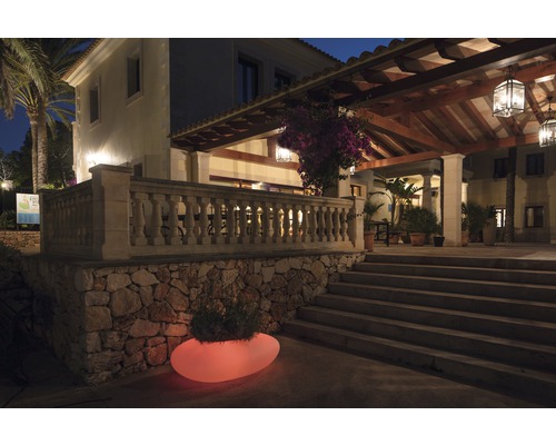 Beleuchteter Pflanzkübel vor Gebäude mit Steintreppe