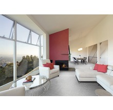 Salon avec grande fenêtre, fauteuil, canapé, tapis et cheminée.