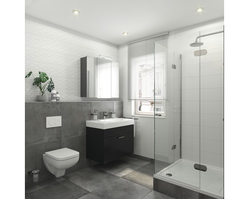 Salle de bains moderne avec douche, meuble sous-lavabo, armoire de toilette et WC.