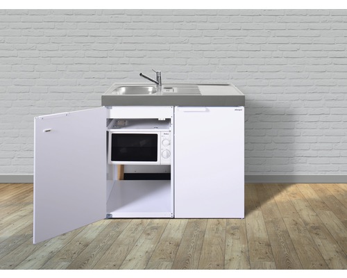 Cuisine compacte avec évier, micro-ondes et réfrigérateur pour petits espaces