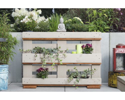 Jardinière surélevée en palettes parterre vertical fines herbes 120 x 40 x 84 cm blanc crème Palette décorative en bois avec plantes et décorations dans le jardin.