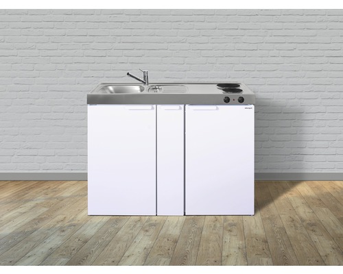 Cuisine compacte avec évier, plaque de cuisson et réfrigérateur