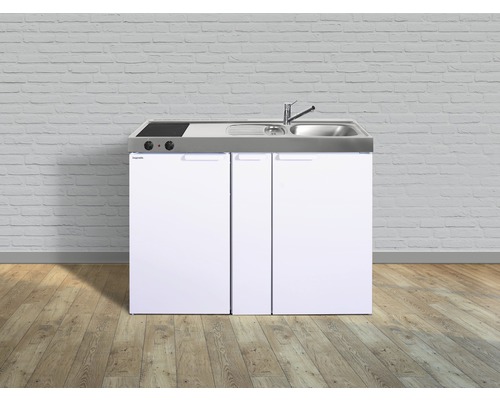 Cuisine compacte avec plaque de cuisson, évier et meubles bas.