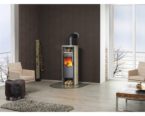 Modernes Wohnzimmer mit Kaminofen auf Glasbodenplatte