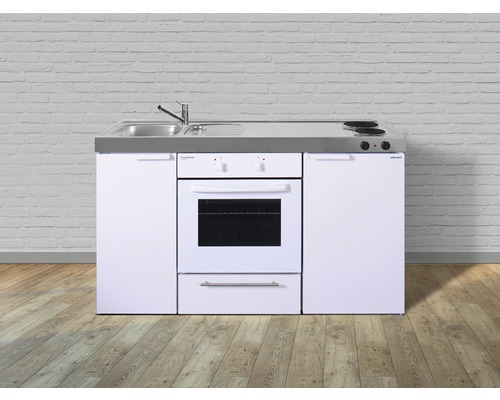 Cuisine de célibataire équipée Stengel-Küchen Kitchenline 150 cm façade blanche brillante , corps blanc variante à gauche monté