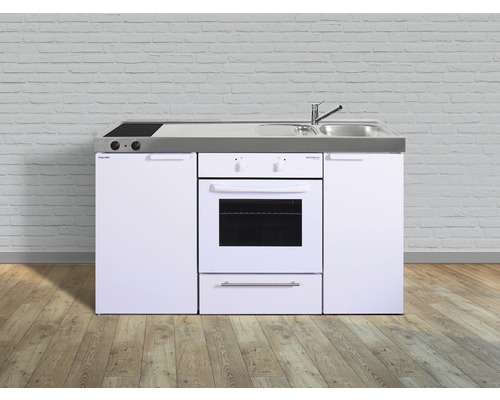 Cuisine de célibataire équipée Stengel-Küchen Kitchenline 150 cm façade blanche brillante , corps blanc variante à droite monté