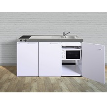 Kompaktküche mit Kochfeld, Spüle, Kühlschrank und Mikrowelle.