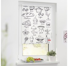 Rollo mit Lebensmittelmotiven am Fenster