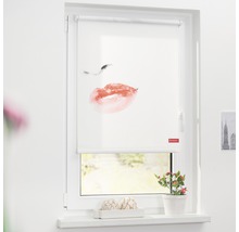 Fenster mit einem weißen Rollo mit einem Lippenmotiv.