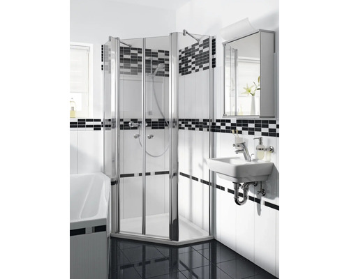 Salle de bains avec douche d''angle, lavabo et armoire de toilette