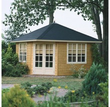 Gartenhaus aus Holz mit Fenstern und Doppeltür