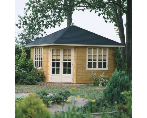 Gartenhaus aus Holz mit Fenstern und Doppeltür