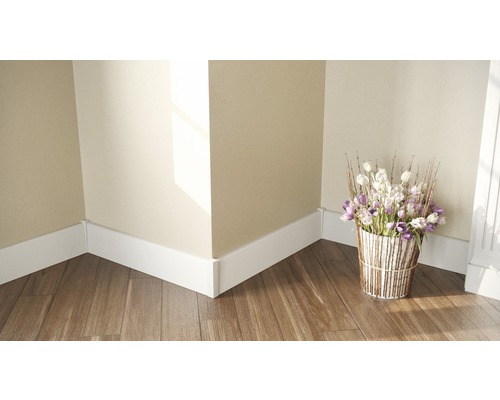 Wandanschluss mit weißen Sockelleisten, Blumengesteck auf Holzboden