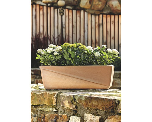 Rechteckiger Blumenkasten mit Pflanzen auf einer Mauer