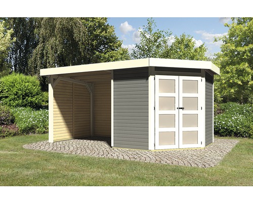 Gartenhaus Karibu Grünwald 3 mit Schleppdach 2,2 m, Seiten- und Rückwand 433 x 217 cm terragrau