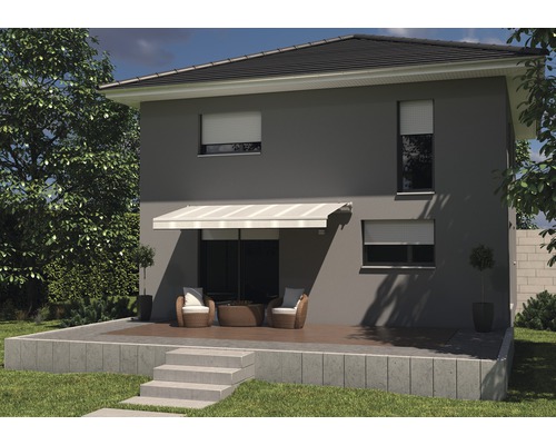Vue d''une maison avec toit de terrasse, volets roulants et aménagement paysager