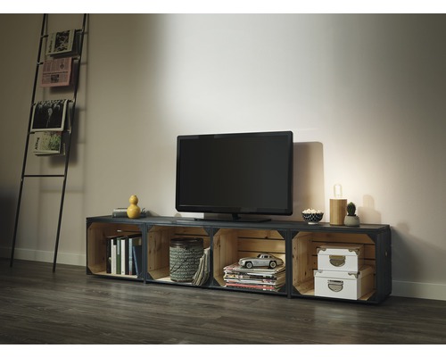 Wohnzimmer mit Fernsehschrank aus Holzkisten, Fernseher und Zeitungsständer