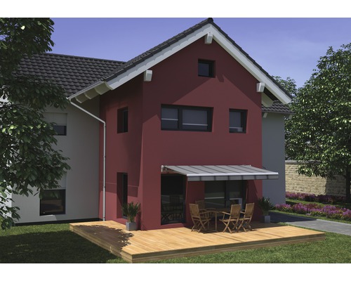 Vue d''une maison résidentielle à deux étages avec terrasse et store.