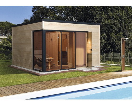 Chalet sauna Weka Cubilis avec poêle 7,5 kW et commande numérique avec porte entièrement vitrée couleur graphite