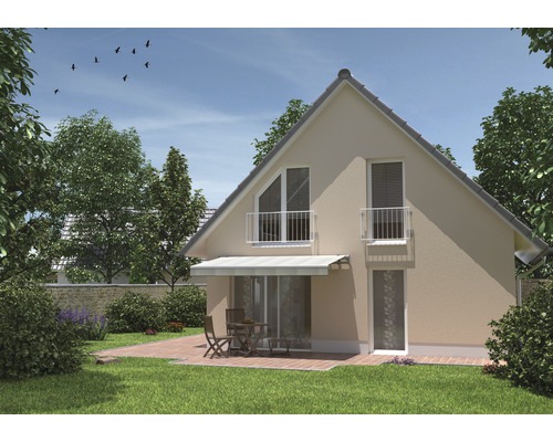 Vue d''une maison avec jardin, terrasse et store banne