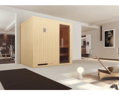 Sauna modulaire Weka Halmstad GT taille 2 avec poêle 7,5 kW et commande numérique, avec porte entièrement vitrée couleur graphite