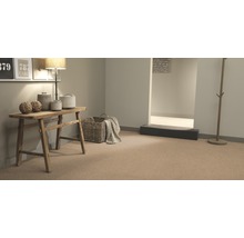 Raumansicht mit Teppichboden, Holztisch und Dekorationselementen für ein gemütliches Ambiente.