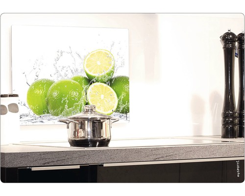 Küchenrückwand mit Limettenmotiv über einem Kochtopf auf einem Kochfeld