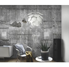 Espace de vie avec papier peint en béton, fauteuil, table d''appoint avec plante, haut-parleur et suspension