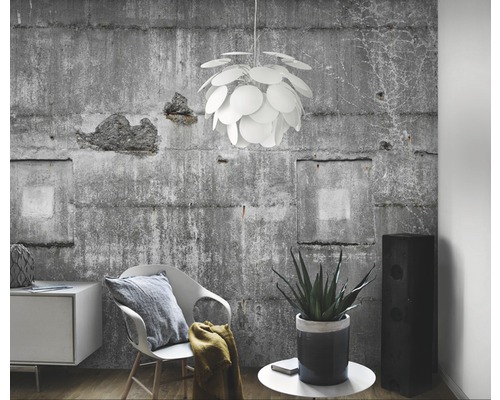 Espace de vie avec papier peint en béton, fauteuil, table d''appoint avec plante, haut-parleur et suspension