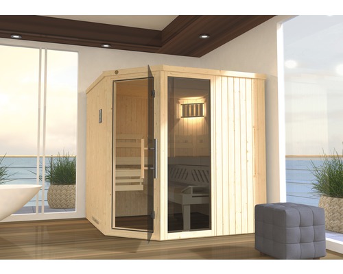 Sauna modulaire Weka Varberg GTF taille 3 avec poêle 7,5 kW et commande numérique, avec fenêtre et porte entièrement vitrée couleur graphite