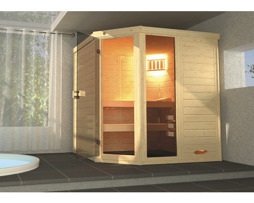 Sauna en bois massif Weka Laukkala taille 2 avec poêle 7,5 kW et commande numérique, avec fenêtre et porte entièrement vitrée en verre transparent