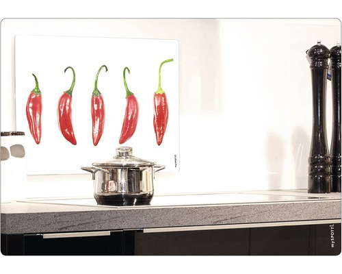 Küchenszene mit Kochtopf und Spritzschutz mit Chili Motiv