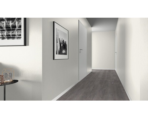 Couloir lumineux avec plancher en bois gris, murs et portes blancs et photos encadrées