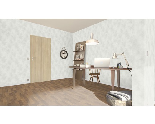 Pièce lumineuse avec bureau, chaise, étagères et porte