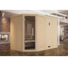 Massivholzsauna Weka Kemi Eck GT Gr.2 inkl. 7,5 kW Bio Ofen u.digitaler Steuerung mit graphitfarbeneer Ganzglastüre