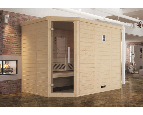 Sauna en bois massif Weka Kemi d'angle GT taille 2 avec poêle 7,5 kW et commande numérique avec porte entièrement vitrée couleur graphite