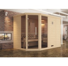 Massivholzsauna Weka Kemi Eck GTF Gr.2 inkl. 7,5 kW Ofen u.digitaler Steuerung mit Fenster und graphitfarbeneer Ganzglastüre