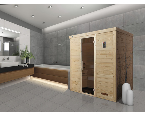 Sauna en bois massif Weka Kemi GT taille 4 avec poêle bio 7,5 kW et commande numérique avec porte entièrement vitrée couleur graphite